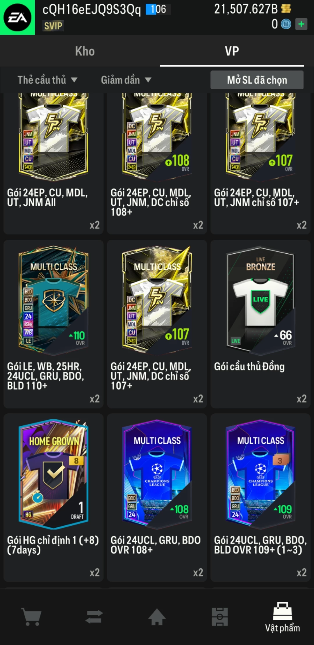 Ảnh ACC mở thẻ (LOẠI SVIP MAX) gồm 700+ đến 900+ thẻ cầu thủ từ Siêu sao đến Miền núi các loại. Có sẵn BP trắng từ 18,000 tỷ BP đến 22,000 tỷ BP, ACC còn nhiều ngày SVIP